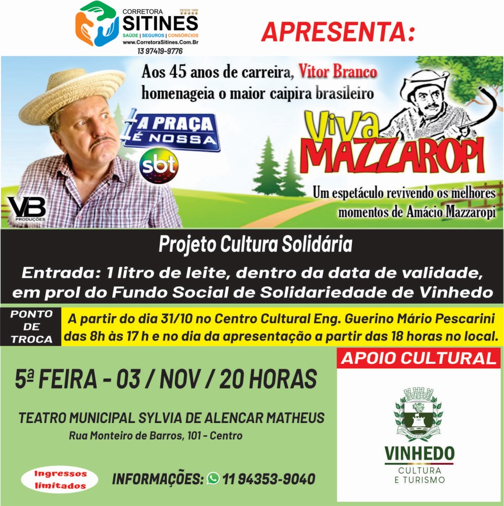 Espetáculo 'Viva Mazzaropi' será exibido no Teatro Municipal de Vinhedo 