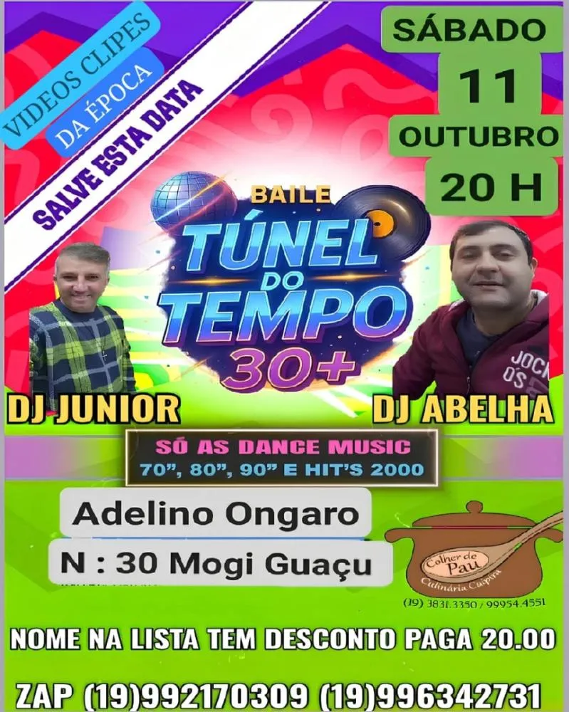  Baile “Túnel do Tempo 30+” traz DJs Abelha e Junior com sucessos das décadas passadas em Mogi Guaçu