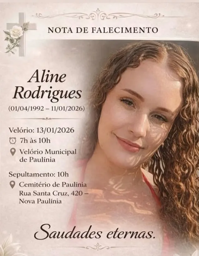 Aline Rodrigues será velada e sepultada nesta terça-feira em Paulínia