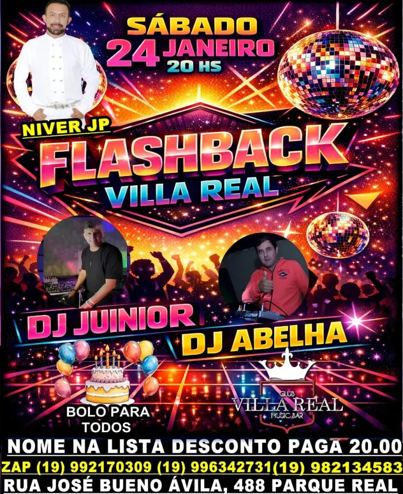Aniversário e bolo para todos: sábado é dia de Flashback Villa Real em Mogi Guaçu