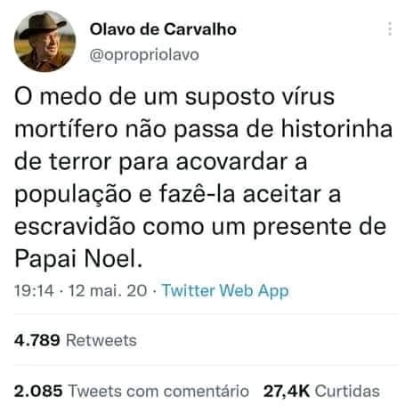 Olavo de Carvalho, guru do Bolsonarismo, morre de covid-19; respeitem o conhecimento científico!!!